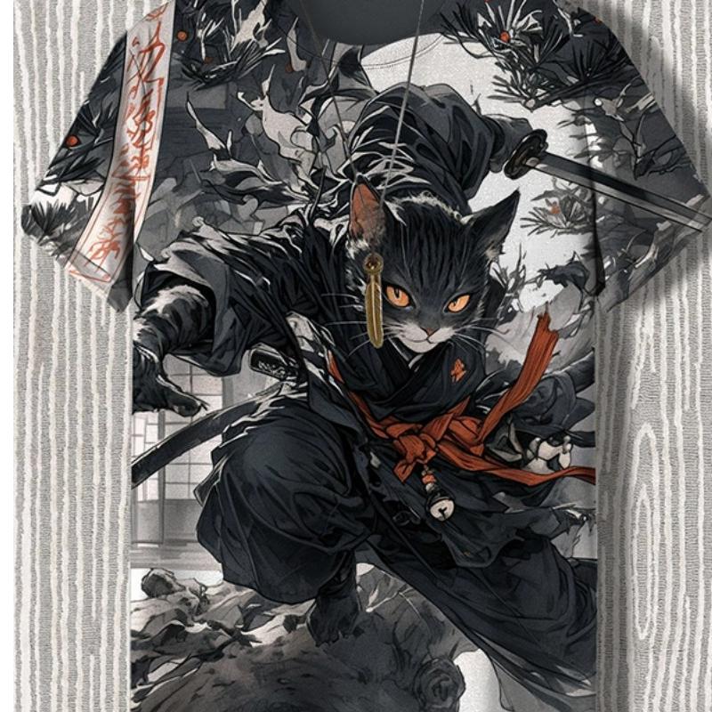 Maglietta da uomo in stile giapponese con grafica Samurai Cat, stampata in 3D, casual, a maniche corte, per esterni, abbigliamento da uomo oversize