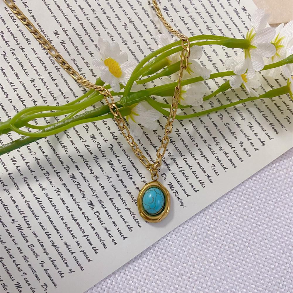 Elegant European Retro Gold & Blue Turquoise Figaro Pendant Chain Necklace золотой