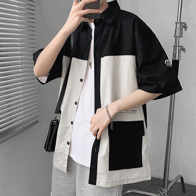 Men's Trendy Color Block Short-Sleeve Shirt - Hong Kong & Korean Style