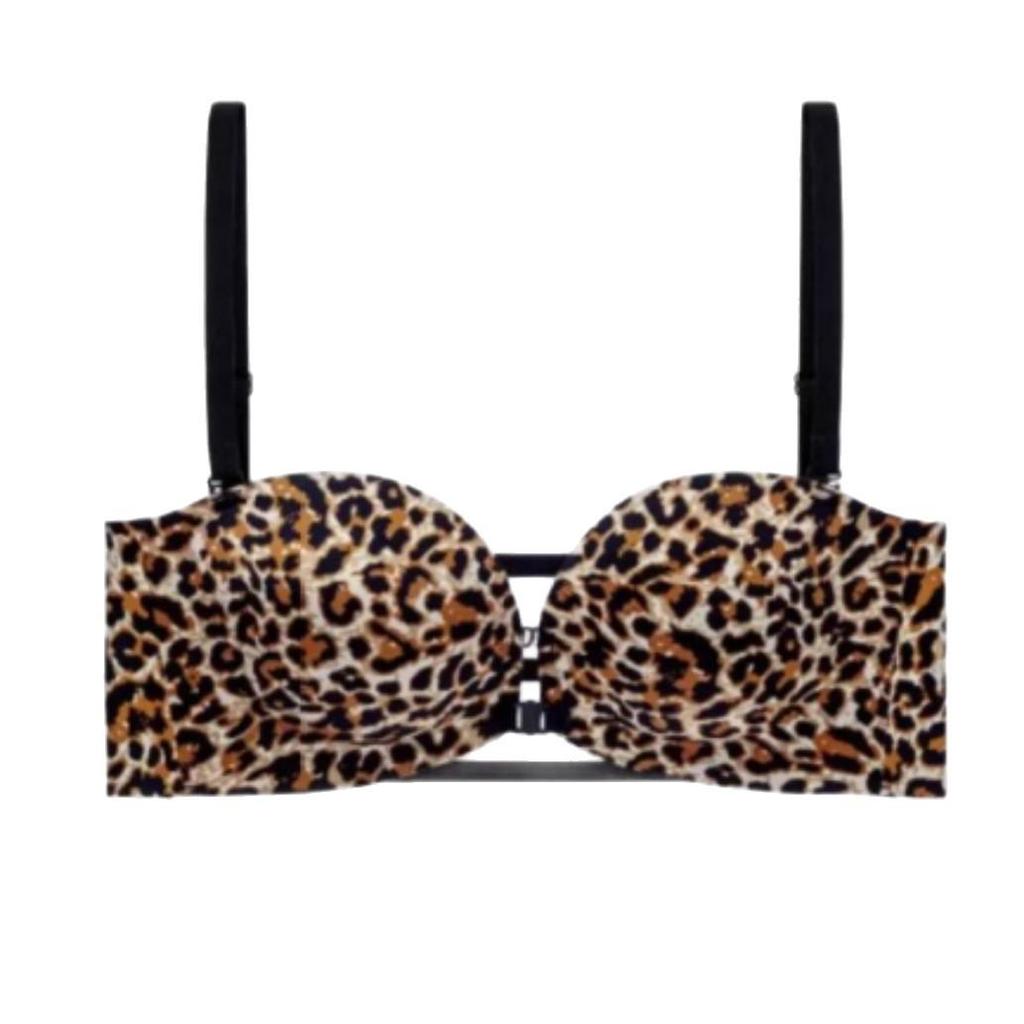 Leopard Print Strapless Push-Up Bra with 6cm Padding and Front Closure