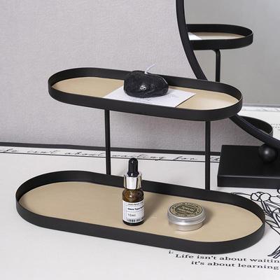 Nordic Iron & Leather Double-Layer Storage Rack: Cosmetics & Jewelry Organizer Tray