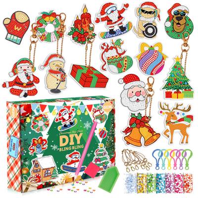 1 Set Portachiavi natalizi con pittura con diamanti finti Calzini carini per albero di Natale Babbo Natale con strass Pittura Portachiavi in ​​acrilico Pendenti con diamanti finti fai da te