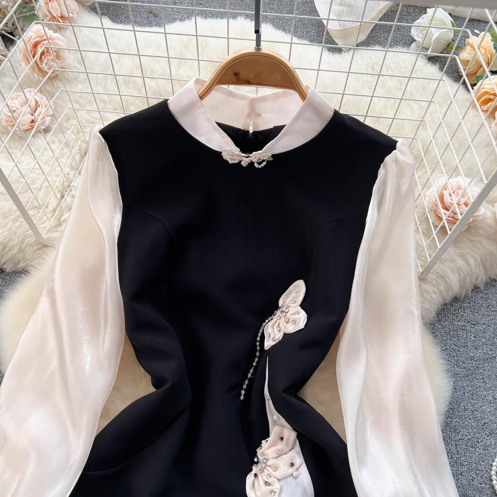 Vår Høst Kjendis Vintage Cheongsam Blyantkjole Dame Ny mote Langermet Mesh Patchwork Elegante Perlebue Festkjoler