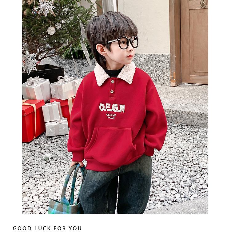 Fairy Tale Red Boys' Fleece Sweatshirt 2025 – Winter Thickened One-Piece Top for Children