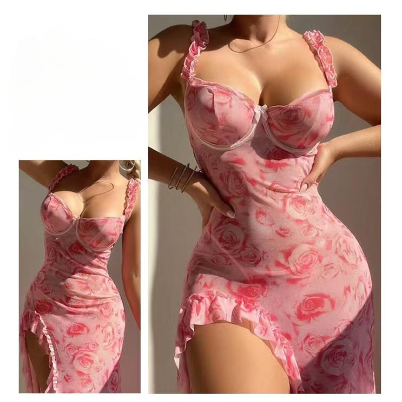 Women Pajama Rose Print Sleeveless Nightgowns Side Slit Ruffles Sleepwear 2 Pieces Home Clothes V-Neck Suspender Night Dress