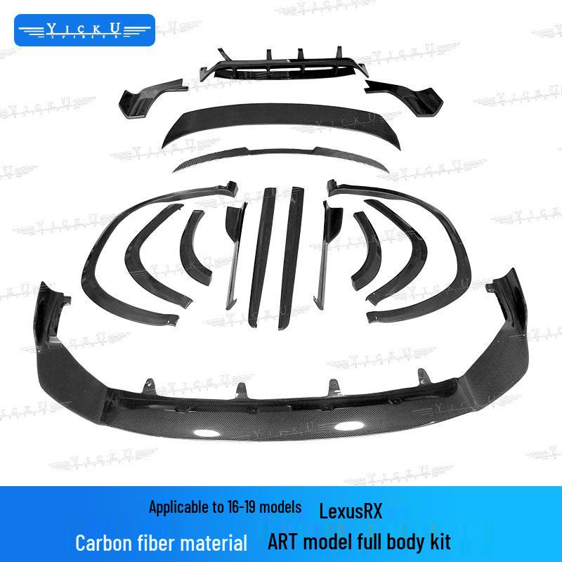 Compatible with 2016-2019 Lexus RX: Front/rear Lips, Side Skirts, Lower Lip, Resin Arches, ART Roof, Rear Wing, and Canards.