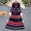 Retro Court Style Printed Dress Women's Autumn V-neck Waist Thin Long Dress Big Swing Skirt Elegant Temperament Skirt