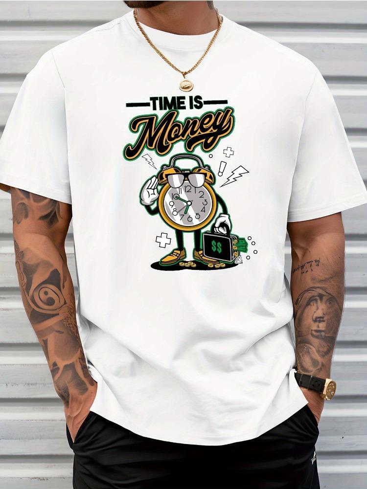 Unisex Summer Crew Neck Short Sleeve T Shirt Time Is Money Cartoon Alarm Clock Print Casual Loose Streetwear Daily Fashion Tops
