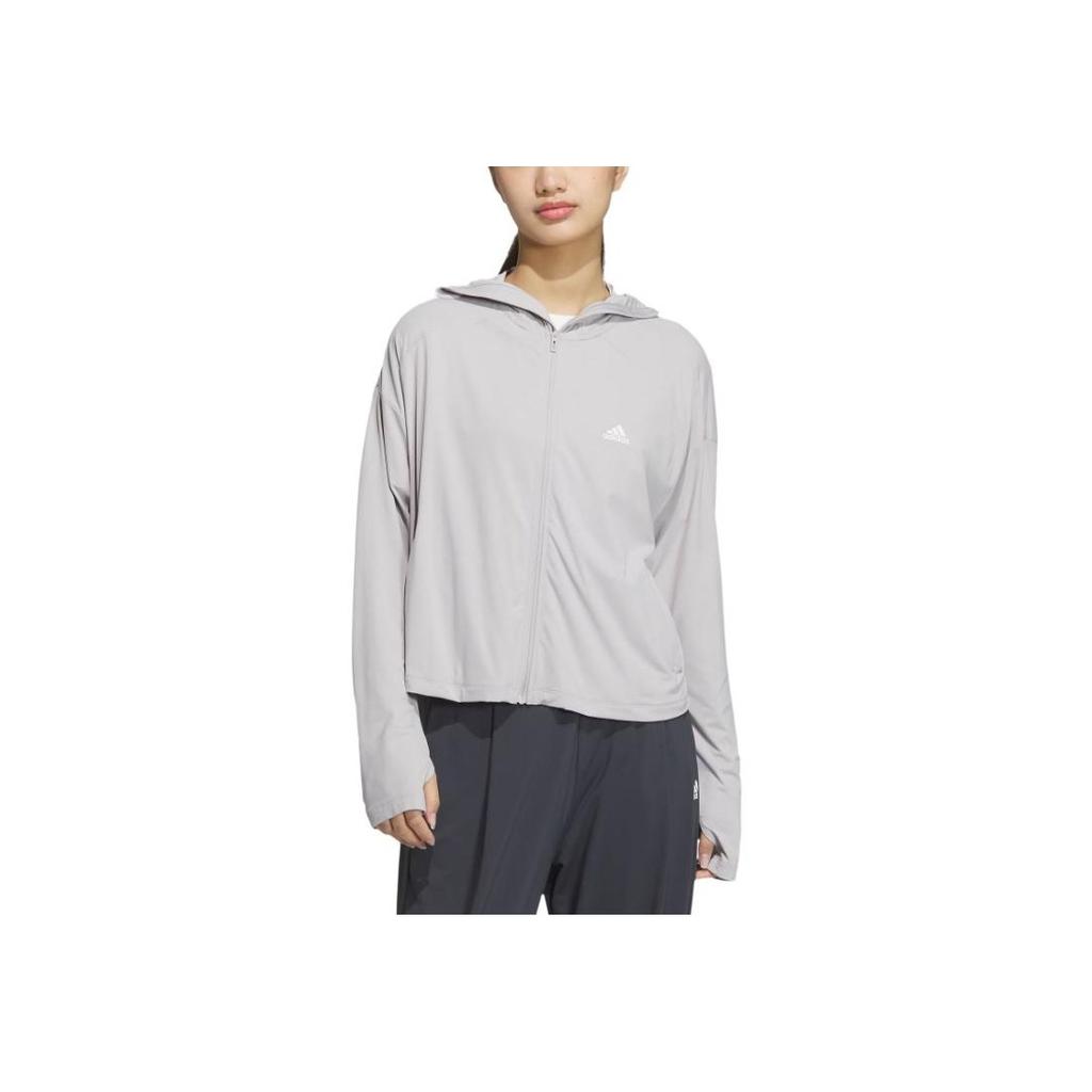 Adidas Knit UPF Jacket Quick-Drying Sports Casual Hooded Sun Protection Women Jackets Light-Gray JJ1334