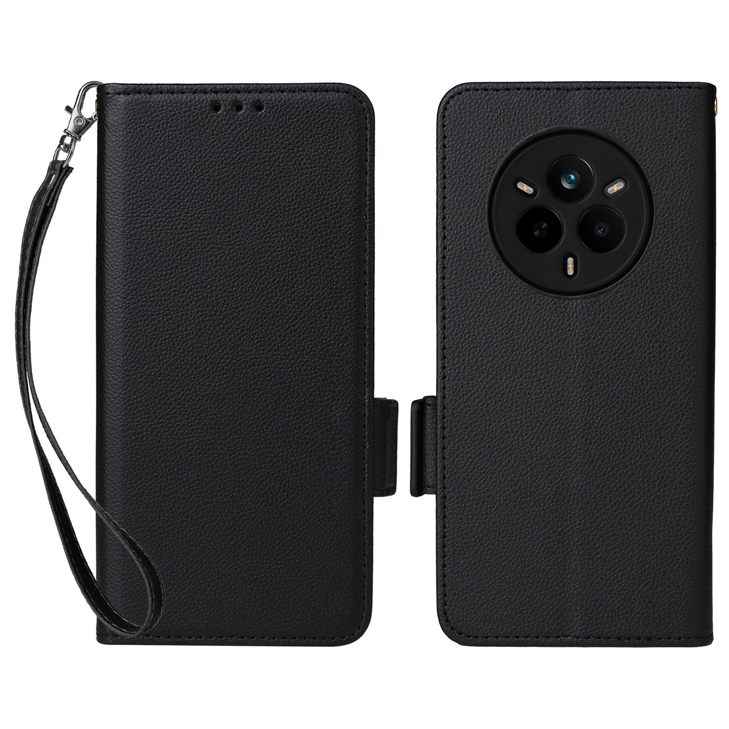 

Для Realme 14 Pro 5G Чохол з ремінцем на зап ястя Текстура лічі PU шкіра Гаманець Чохол для телефону Black