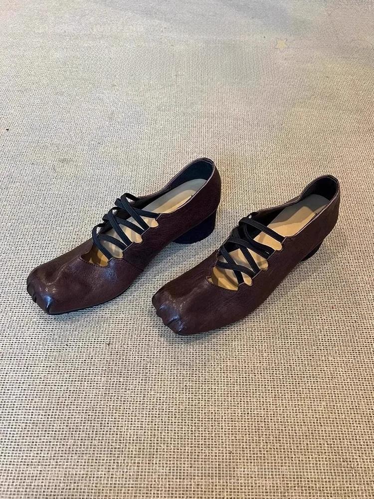 Retro Leather Version Cross Strap Ballet Flats Women's Folded Genuine Leather Square Head Pig Nose Shallow Mouth Shoes