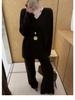 Autumn/Winter Retro V-neck Knit Set: Casual Top & Drapey Wide-Leg Pants Two-Piece