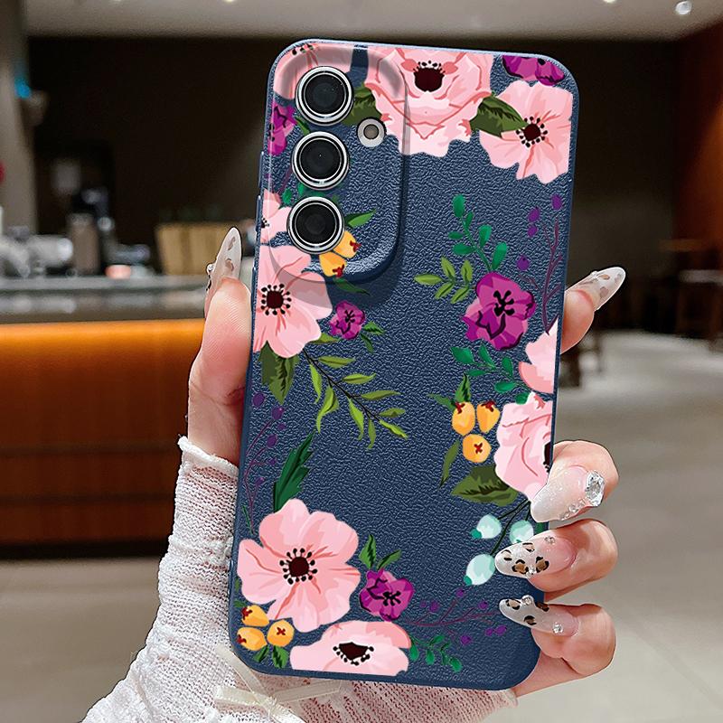 Floral Print Shockproof Phone Case For Samsung S25 Ultra S24 FE S23 S22 A56 A36 A55 A16 A26 A35 Slim Matte Leather Texture TPU Soft Bumper Cover