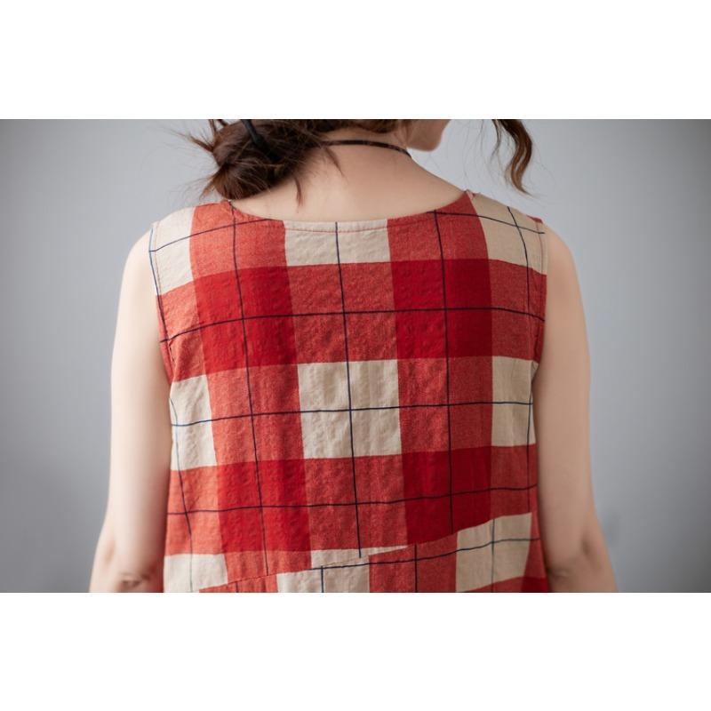 DIMANAF 2025 New Summer Women Plus Size Loose Vintage Plaid Dress Sleeveless Basic Sundress Casual Long Dress Maxi