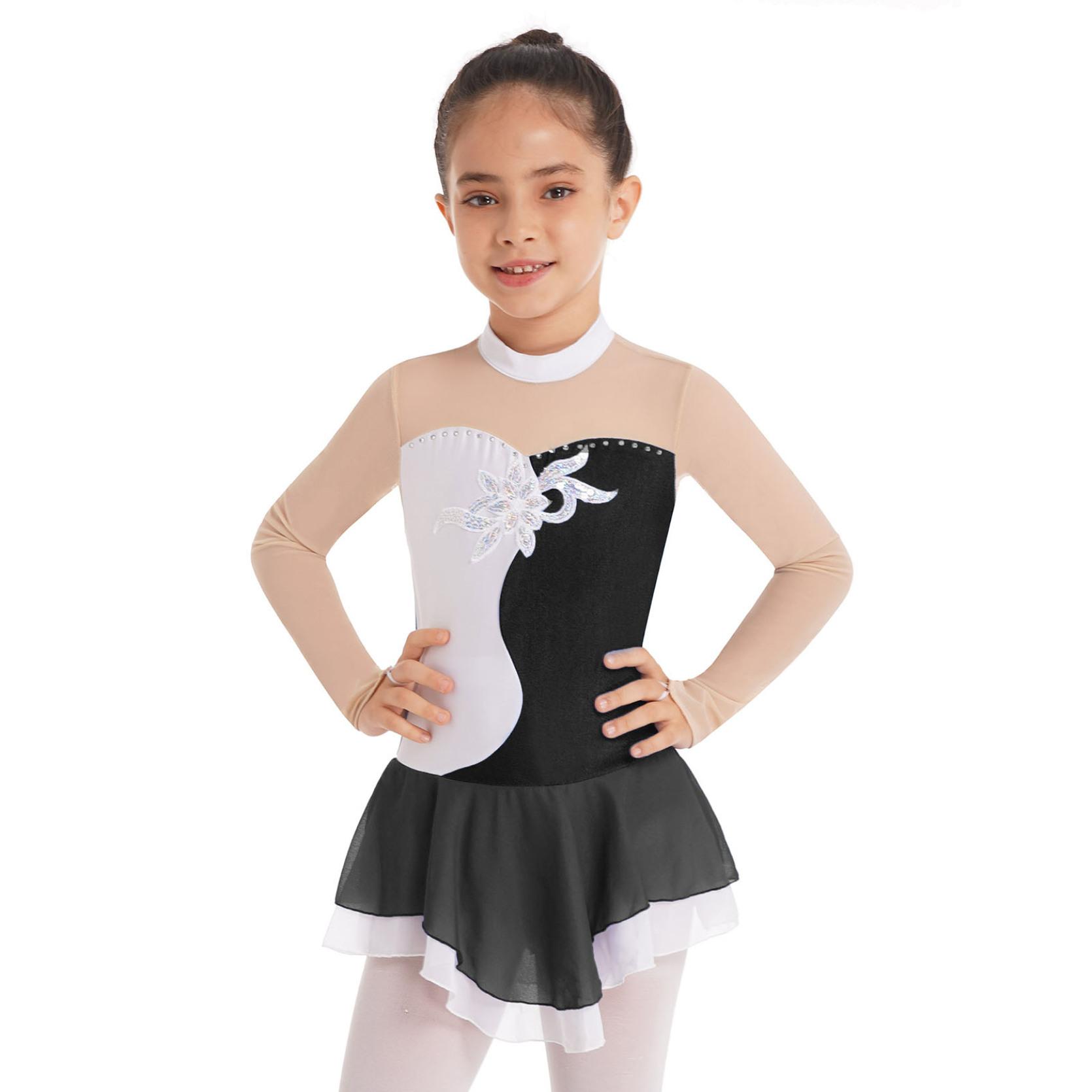 

Детское стильное танцевальное платье для девочек, сетчатое лоскутное платье с длинными рукавами и блестками, декорированное искусственными бриллиантами, платье для катания на коньках 12-14 Years чёрный