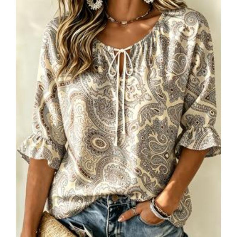 Women's Boho Paisley Print Tie Neck Blouse Ruffle 3/4 Sleeve Relaxed Fit Ethnic Casual Holiday Tunic Top