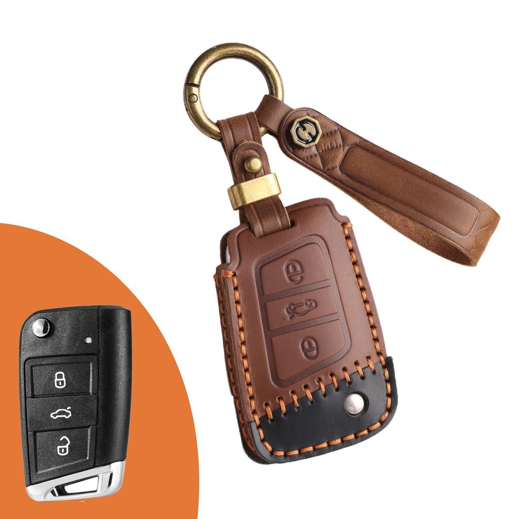 Genuine Leather Cowhide Key Cover for Volkswagen - Fits Lavida & Bora Models