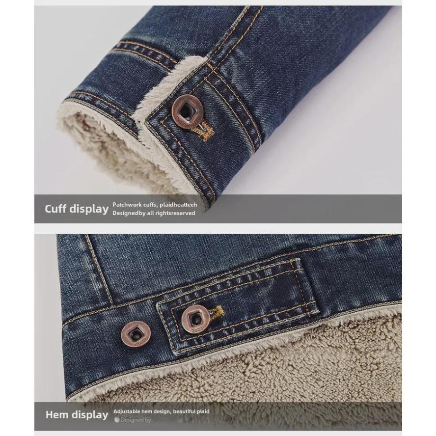 Męska kurtka dżinsowa na co dzień: Wyściełane bawełną, duży rozmiar, plus aksamit, wiele kieszeni, styl ze skóry jagnięcej