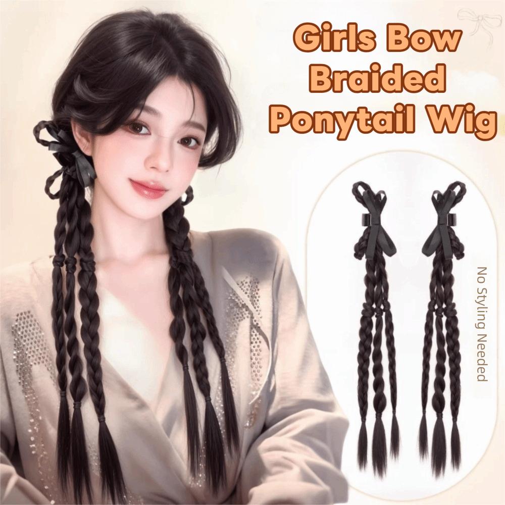 2pcs Sweet Twist Braid Hairpiece Handmade Girls Bow Wig Hairbands  for Women
