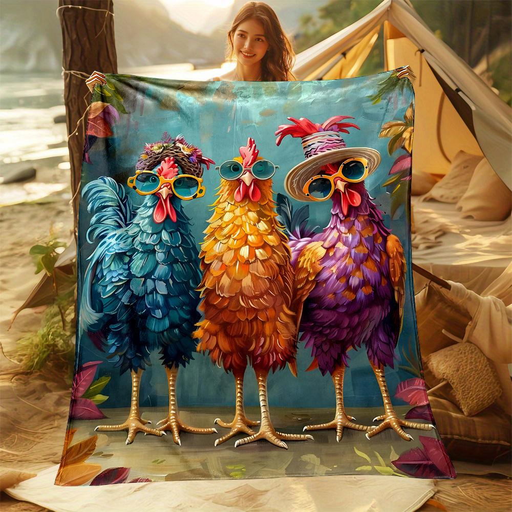 Rooster Fashion Print Blanket Beach Style Throw with HatWearing Roosters AllSeason Comfort Humorous Animal Design Gift
