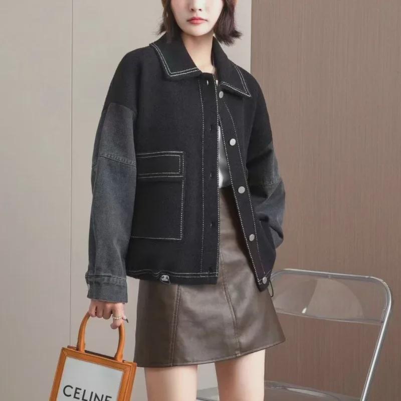 

Осень 2024 Женское джинсовое шерстяное пальто в стиле пэчворк: Короткий свободный трикотажный кардиган, модный топ One size чёрный