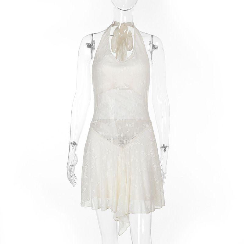 

Dress Sexy Backless Hanging Neck Gyaru Lace Stitching Dress Women European and American Cross-Border Holiday Style Short dress Women Apricot S