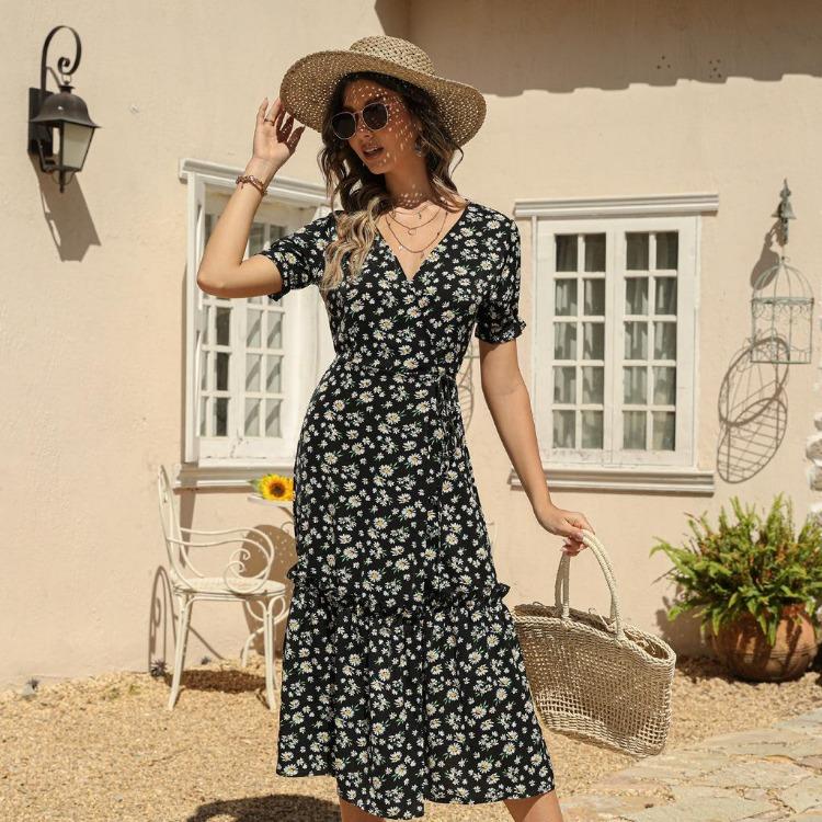 Sexy Summer Bohemian V Neck Chiffon Print Short Sleeve High Waist Lace Up Dresses Sizes S to XXL