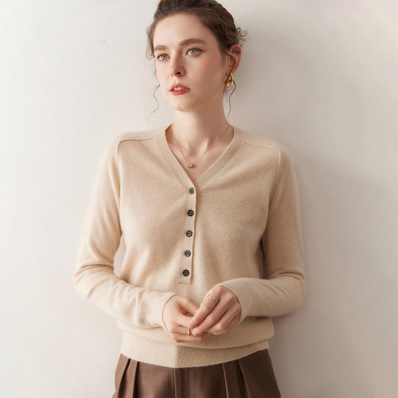 New Arrival: Women's V-neck Cashmere Cardigan - Loose Fit, Solid Color, Saddle Shoulder, Half-Open Button Design for Autumn/Winter.