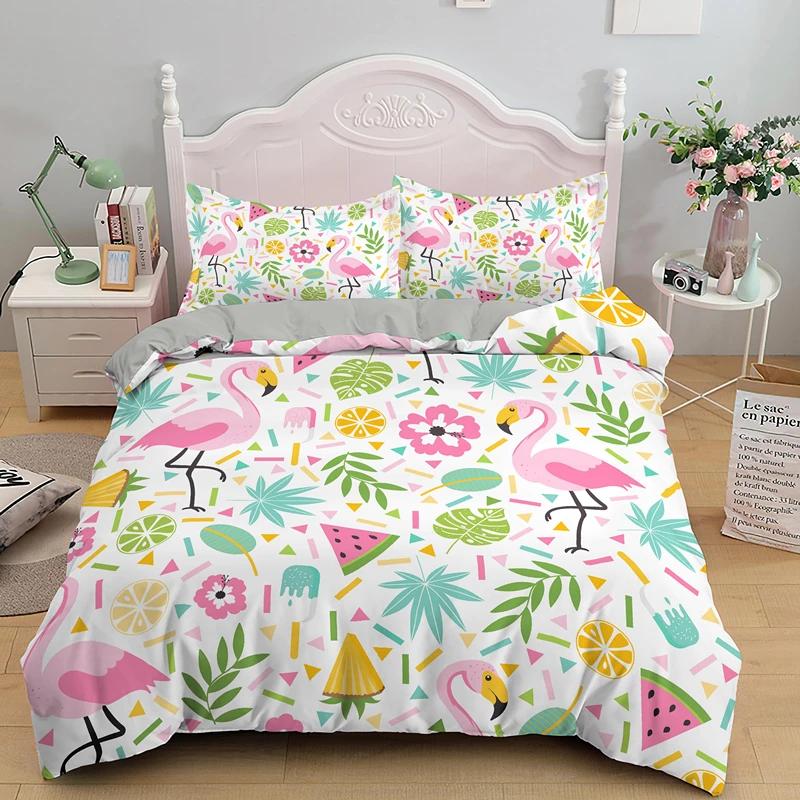 3D Flamingo Printed Beding Set King Quen Sized Dimensions Carton Pink Animals Soft Duvet Cover Featuring Pilowcases 2/3pcs Polyester Comfortable Quilt