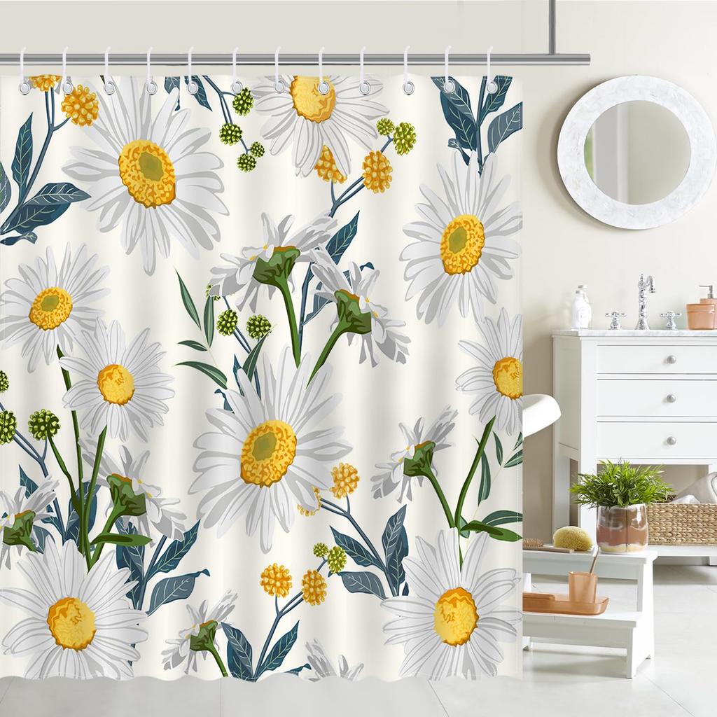 Floral Daisy Shower Curtain For Bathroom Bathtub Waterproof Plant Aesthetic Bathroom Curtain With Hooks Botanical Bath Curtain
