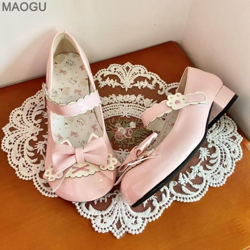 Japanese Style Cute Lolita Shoes Pink Bow Women's Mary Jane Shoes Size 35-40 Low Heel Pumps Sweet Zapatos De Mujer Comfortable