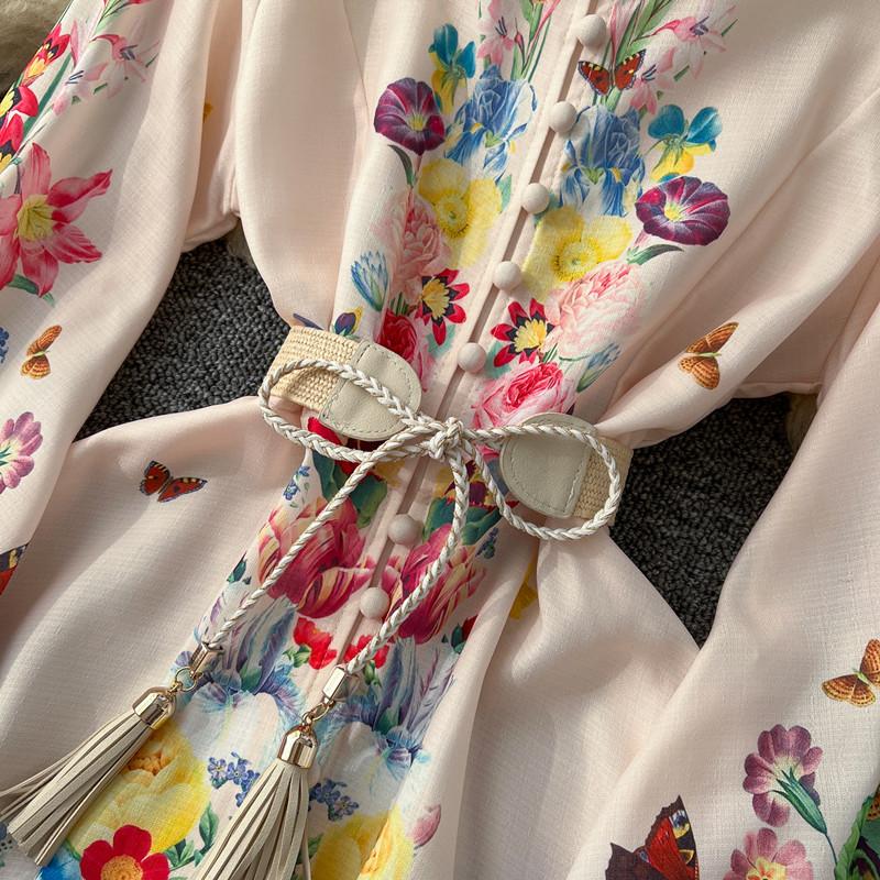 Spring Autumn Women Plus Size Print Single Breasted Long Maxi Seaside Holiday Beach Dresses with Belt