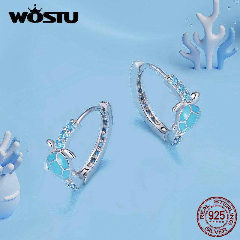 

Серьги-кольца WOSTU из стерлингового серебра 925 пробы с синим черепахой, блестящие циркониевые пряжки для ушей, ювелирные изделия для женщин, вечерние, летний подарок 925 silver