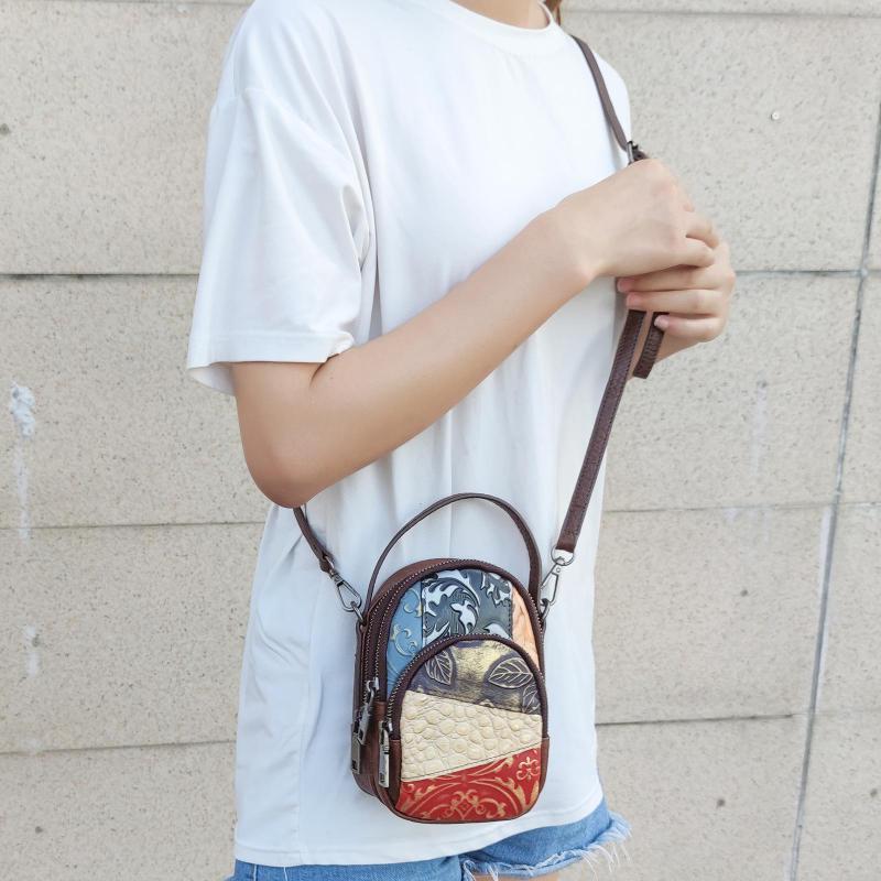 Johnature Vintage Pravá kůže Malé crossbody kabelky pro ženy Náhodné barevné prošívání Všestranné Měkké Hovězí kůže Tašky přes rameno