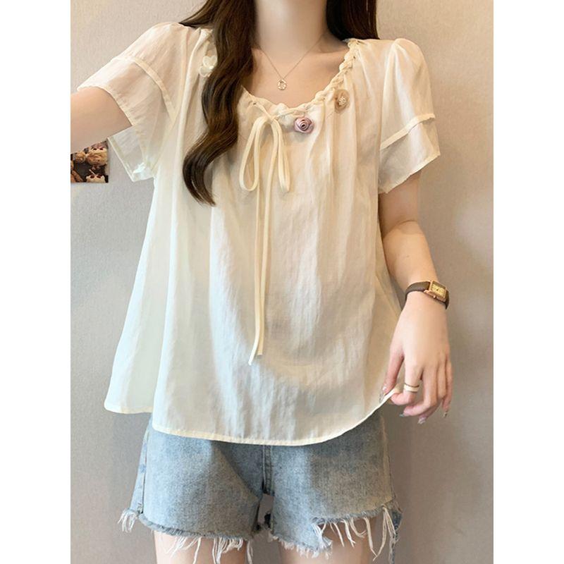 Plus Size Women's French Belly Covering Classic Style Short Sleeve Shirt Female Summer Fat Sister Loose Slimming Chiffon Top