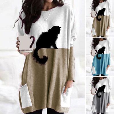 Women Tops Black Cat Print Soft Stretchy Round Neck Stylish with Pocket Comfortable Long Sleeve Top Sweater
