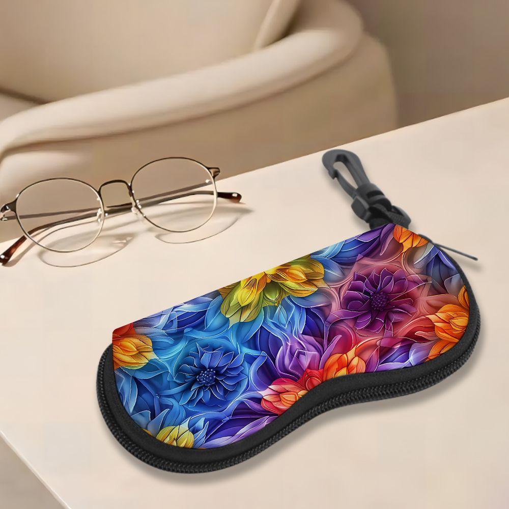 2D-Vibrant Floral Pattern Protective Sunglasses Case, Colorful Abstract Flower Print Eyeglasses Pouch, Zipper Travel Glasses Holder for Women Men