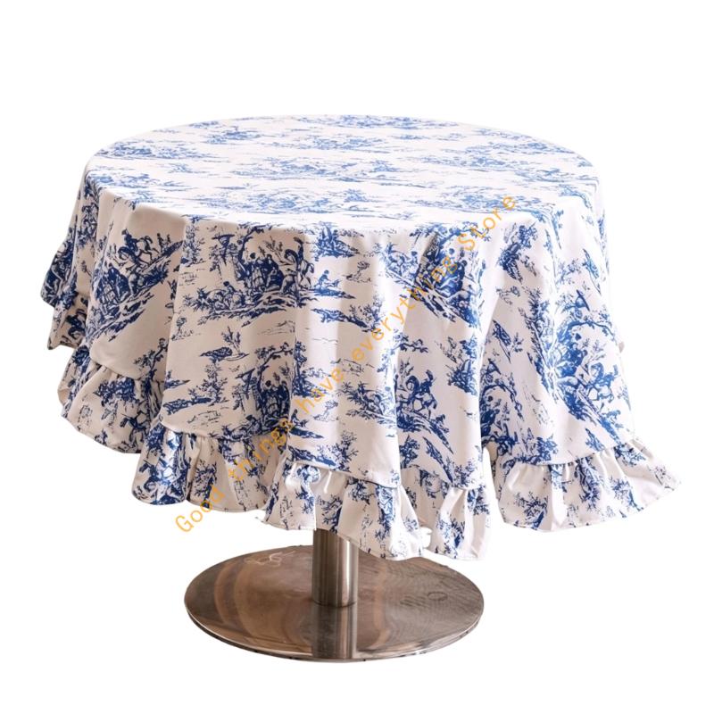 150cm/180cm French Cotton Linen Tablecloth With Ruffled Trim For Round Tables Washable Floral Pattern Table Cover 55KF