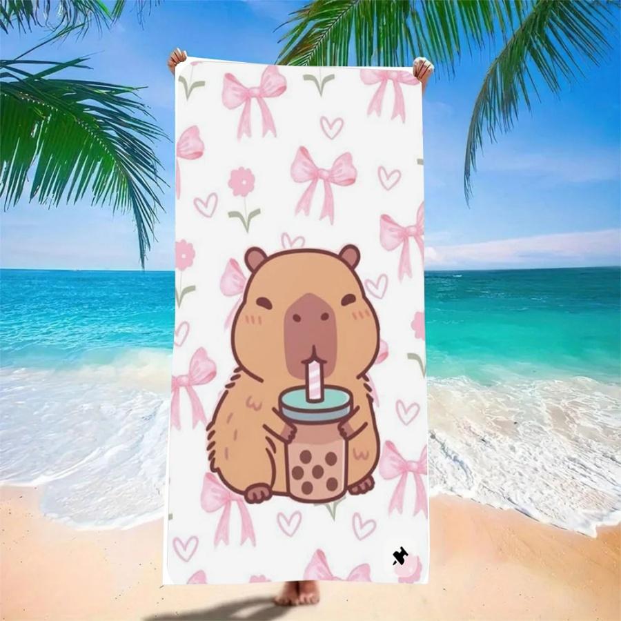 Capybara Boba Microfiber Beach Towel - Highly Absorbent & Quick Dry, Ideal for Picnic, Camping Sand-Resistant