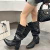 Fashion New Popular Shoes for Women  Knee High Boots Red Black White Tall Boots Woman Pleated Low Heel Casual Leather Female Long Shoes