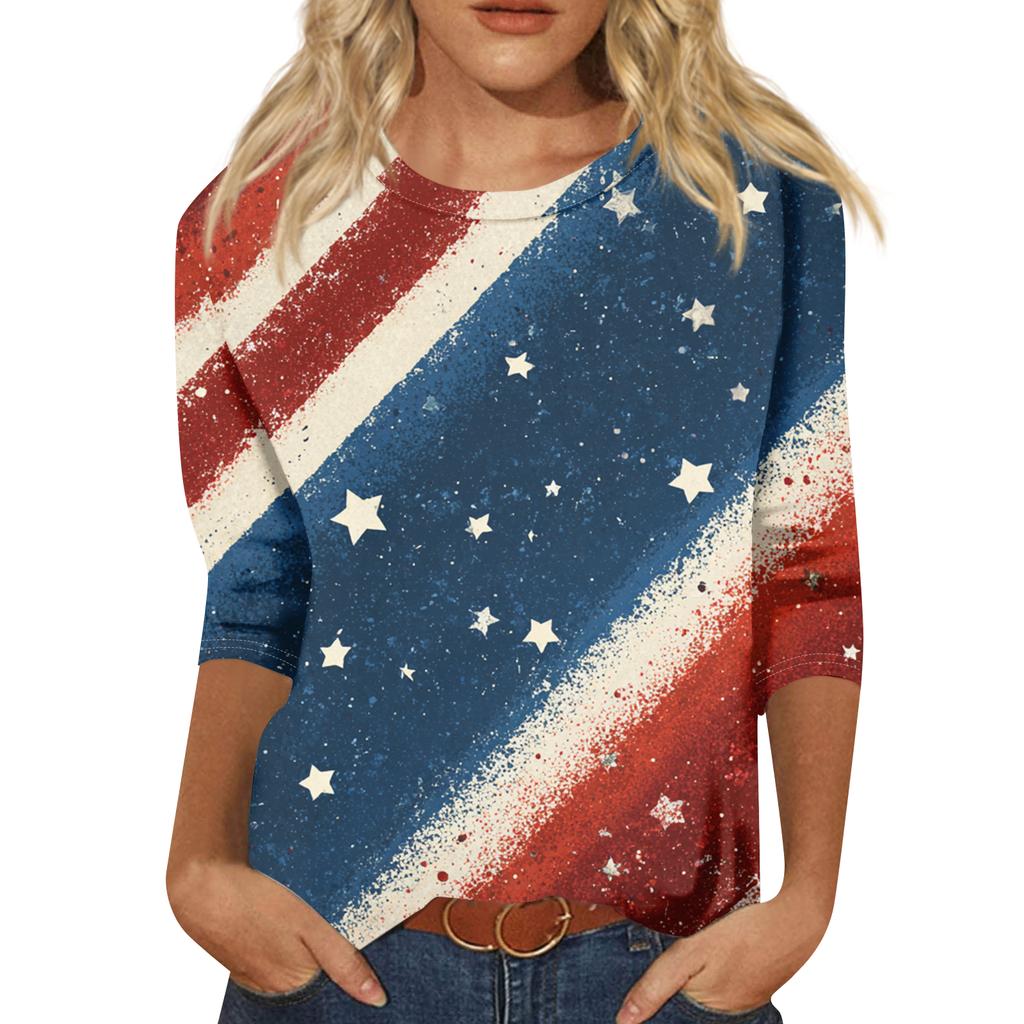 Women's Fashion Casual Seven-Sleeve Independence Day Print Round Neck Top