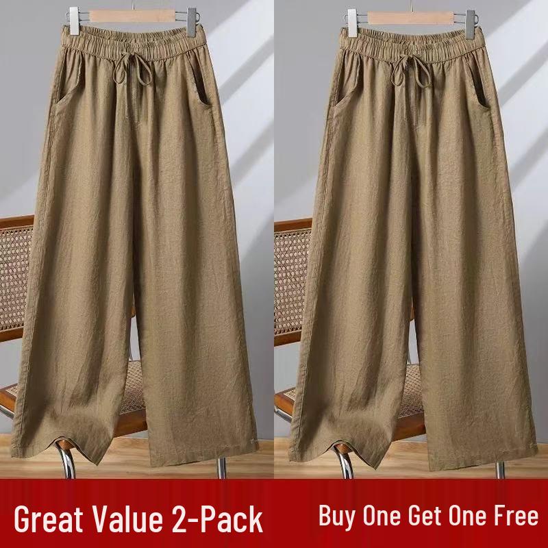 Women's Casual Wide-Leg Cotton Linen Pants - Summer Thin, Loose Fit, Nine-Point Length, Slim and Tall Look