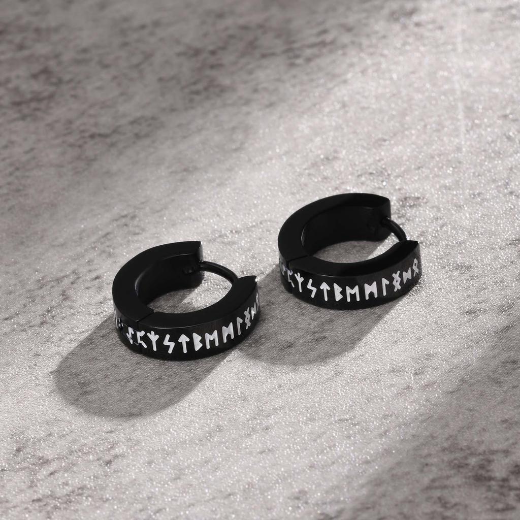 Rock Punk Norse Viking Runes Hoop Earrings for Men, Waterproof Stainless Steel Huggie Hoops Ear Gift Jewelry, Brincos Masculinos