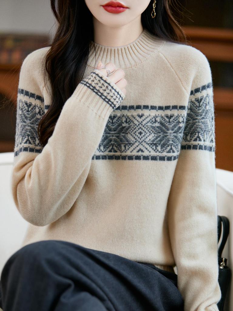 Elegant Women's Fair Isle Jacquard Knit Wool Sweater - 2025 Autumn/Winter Collection