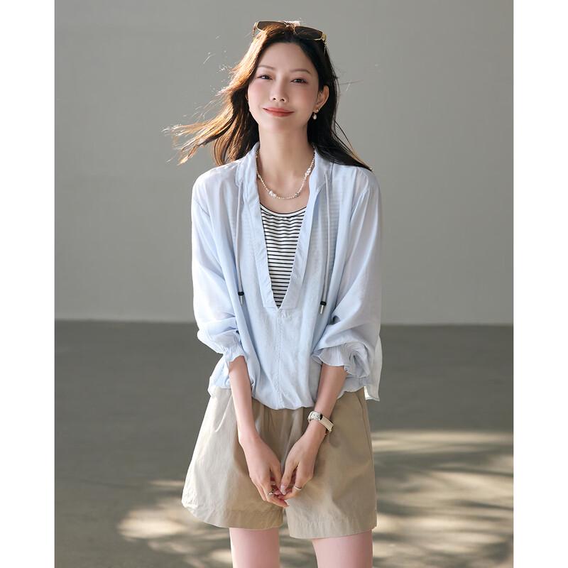 TERRE BLEUE Women's Loose Fit Striped Hooded Pullover Shirt
