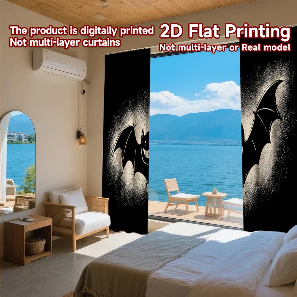 Set Of 2 Flat Printing Curtains Without Rod Halloween Bat Silhouette Holiday Easter Printed Versatile Polyester Made