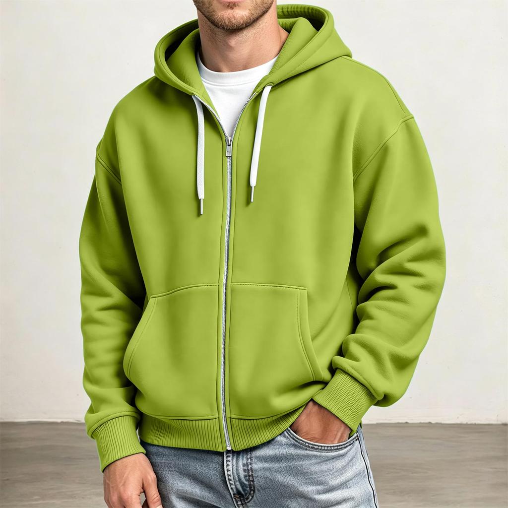 Men's Full Zip Hoodie Drop Shoulder Sleeves, Casual Long Sleeve Sweatshirt for Everyday Wear