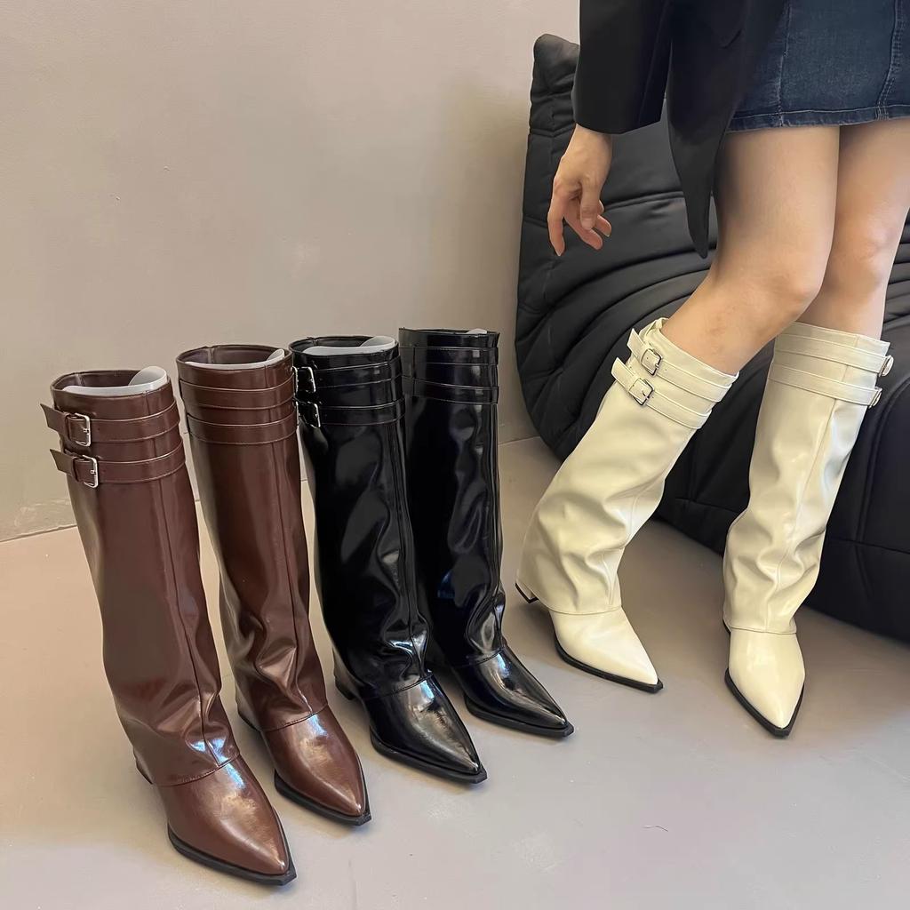 Mode Neuer Stil Damenmode Spitzzehe Schnallenriemen Damen Kniehohe Stiefel Streetstyle Dünne Niedrige Absätze Party Winter Damenschuhe