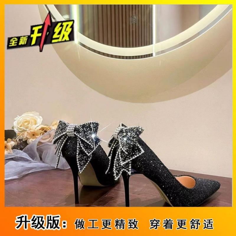Silver high heels women's autumn, winter, spring and autumn new wedding shoes rhinestone bow sweet fairy crystal shoes