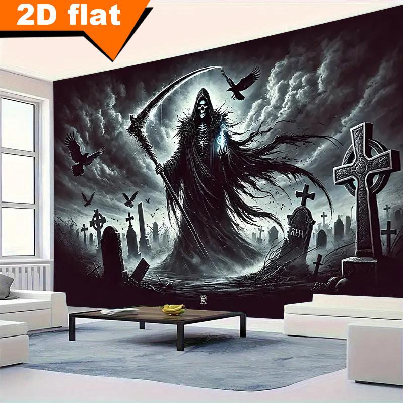 2D Flach, Sensenmann Skelett Friedhof Gotischer Horror Wandteppich Halloween Wandkunst Wohnzimmer Dekor Dunkle Fantasie Grusliger Hintergrund 130X150CM gray